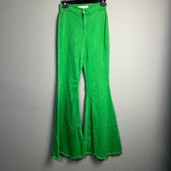 Vibrant M.i.u Green Flare Jeans High Waist Frayed Distressed Hem Size 5 (W26) - Picture 1 of 12